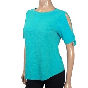 3/$20 Jones New York Blue Short Sleeve Top Womens Medium Slit Tie Cotton Basic